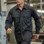 Camisa Brim Profissional Pesado Uniforme Formal Manga Longa Com Botão no Punho 16 Preto