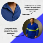 Camisa Jaleco Brim Uniforme Reforçado Profissional Faixa Refletiva Azul royal 2