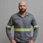 Camisa Jaleco Brim Uniforme Reforçado Profissional Faixa Refletiva Cinza 5