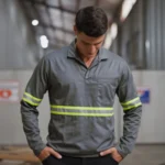 Camisa Jaleco Brim Uniforme Reforçado Profissional Faixa Refletiva Cinza 6