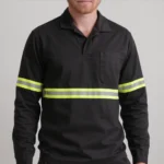 Camisa Jaleco Brim Uniforme Reforçado Profissional Faixa Refletiva Preto 1