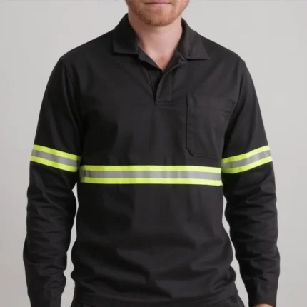 Camisa Jaleco Brim Uniforme Reforçado Profissional Faixa Refletiva Preto 1
