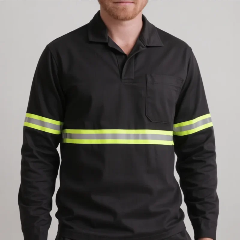 Camisa Jaleco Brim Uniforme Reforçado Profissional Faixa Refletiva Preto 1