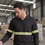 Camisa Jaleco Brim Uniforme Reforçado Profissional Faixa Refletiva Preto 3