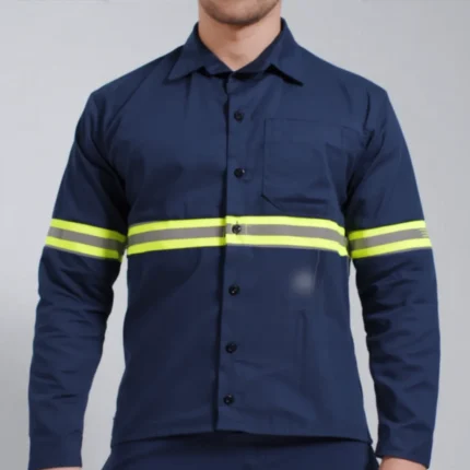 Camisa de Brim em Botões Reforçada com Faixa Refletiva Manga Longa Uniforme Profissional Rodovia 1 Azul marinho