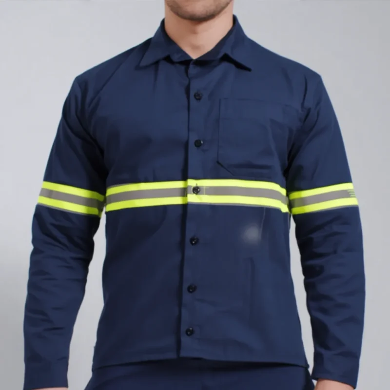 Camisa de Brim em Botões Reforçada com Faixa Refletiva Manga Longa Uniforme Profissional Rodovia 1 Azul marinho