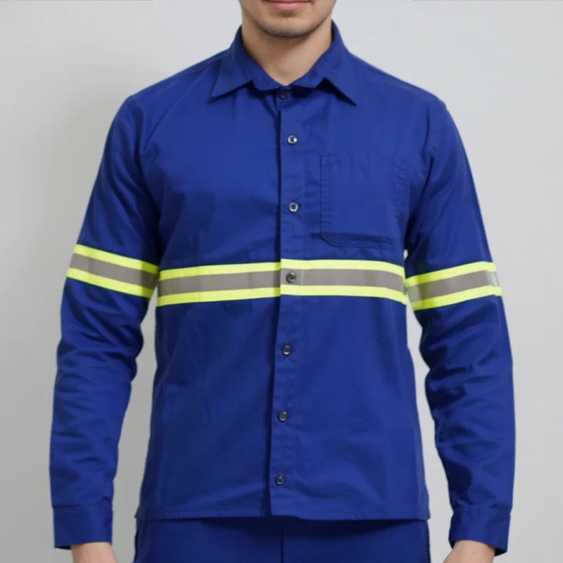 Camisa de Brim em Botões Reforçada com Faixa Refletiva Manga Longa Uniforme Profissional Rodovia 2 Azul royal