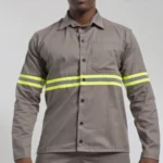 Camisa de Brim em Botões Reforçada com Faixa Refletiva Manga Longa Uniforme Profissional Rodovia 4 Cinza
