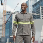 Camisa de Brim em Botões Reforçada com Faixa Refletiva Manga Longa Uniforme Profissional Rodovia 7 Cinza