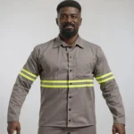Camisa de Brim em Botões Reforçada com Faixa Refletiva Manga Longa Uniforme Profissional Rodovia 8 Cinza